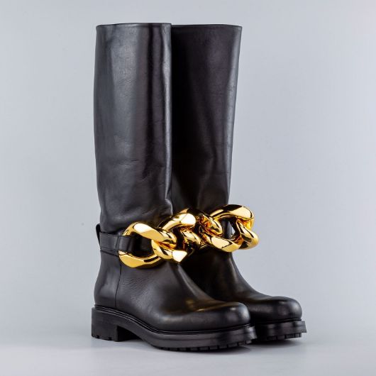 Снимка на ELENA IACHI WOMEN'S BLACK LEATHER BOOTS GOLD CHAIN