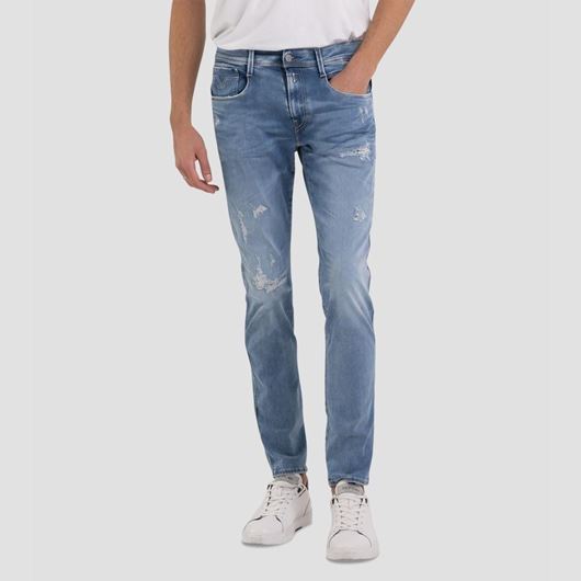 Снимка на REPLAY MEN'S HYPERFLEX OCEAN BLUE BROKEN AND REPAIR SLIM FIT ANBASS JEANS