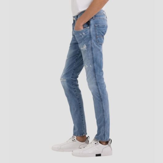 Снимка на REPLAY MEN'S HYPERFLEX OCEAN BLUE BROKEN AND REPAIR SLIM FIT ANBASS JEANS