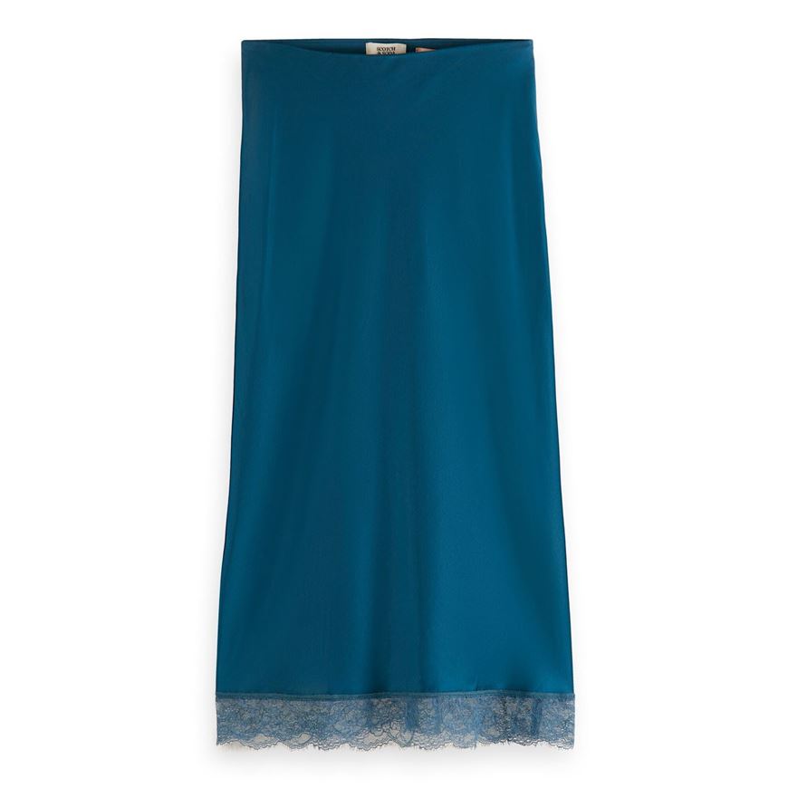 Снимка на SCOTCH&SODA WOMEN'S SATIN HIGH RISE MIDI SKIRT WITH LACE DETAIL