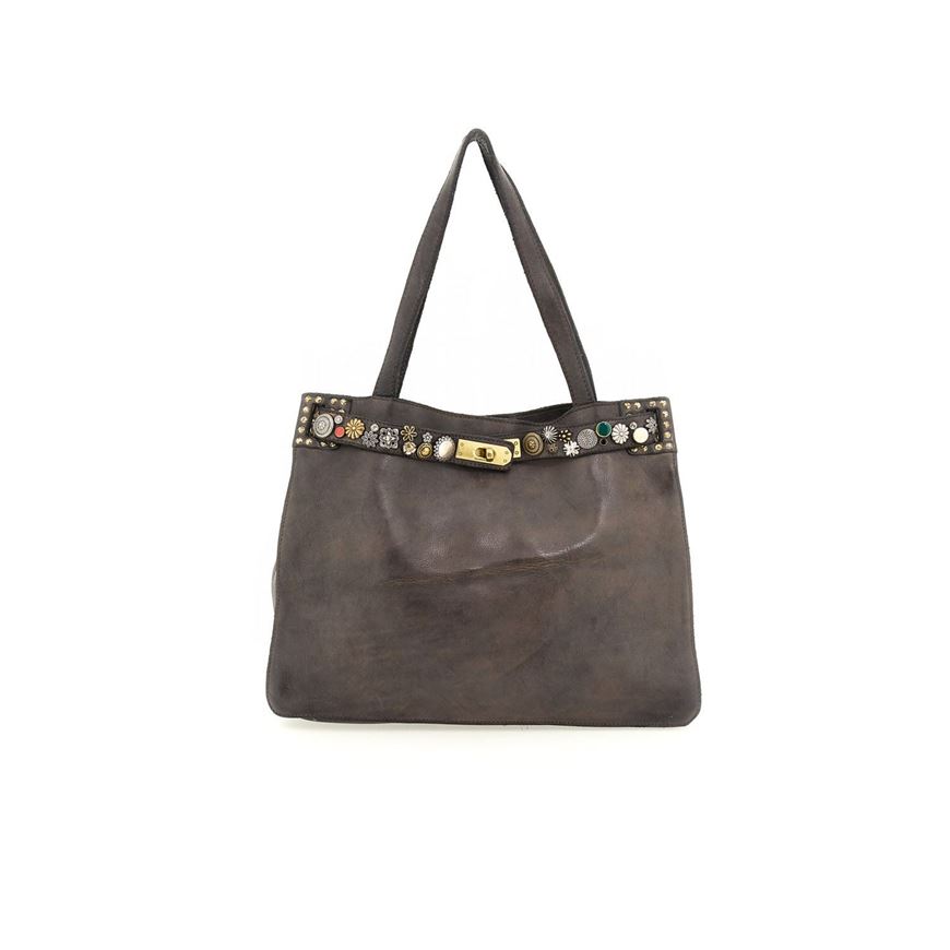 Снимка на CAMPOMAGGI WOMEN'S SHOPPER BAG BELLA DI NOTTE IN GREY LEATHER WITH STUDS 