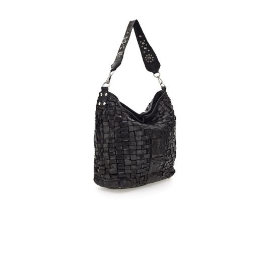 Снимка на CAMPOMAGGI WOMEN'S HOBO BAG IN BLACK LEATHER WITH EDERA WEAVE WITH DECORATED SHOULDER STRAP