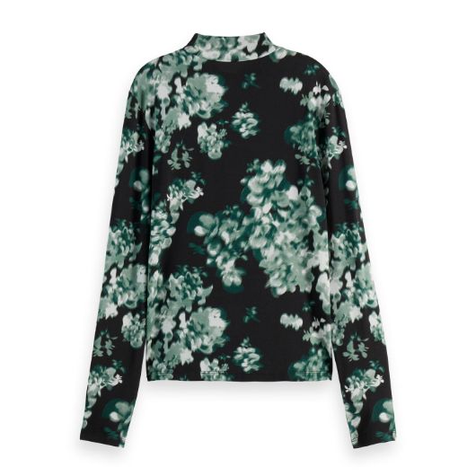 Снимка на SCOTCH&SODA WOMEN'S ALL OVER PRINTED MOCK NECK LS T-SHIRT IN NIEUW BLOSSOM PRINT PARK GREEN