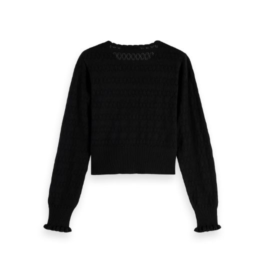 Снимка на SCOTCH&SODA WOMEN'S POINTELLE STITCH CREW NECK CARDIGAN IN BLACK