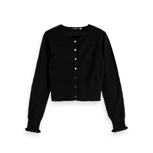 Снимка на SCOTCH&SODA WOMEN'S POINTELLE STITCH CREW NECK CARDIGAN IN BLACK