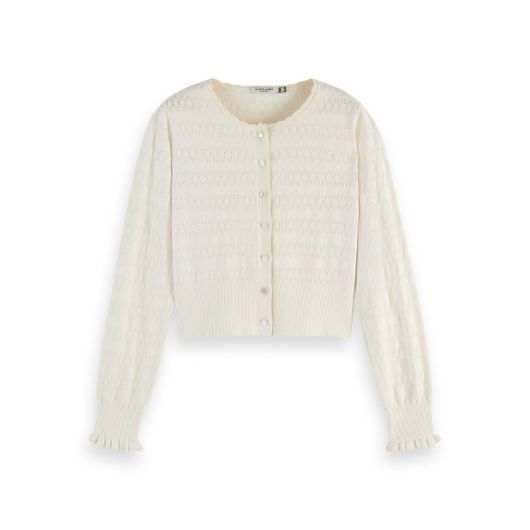 Снимка на SCOTCH&SODA WOMEN'S POINTELLE STITCH CREW NECK CARDIGAN IN SOFT ICE