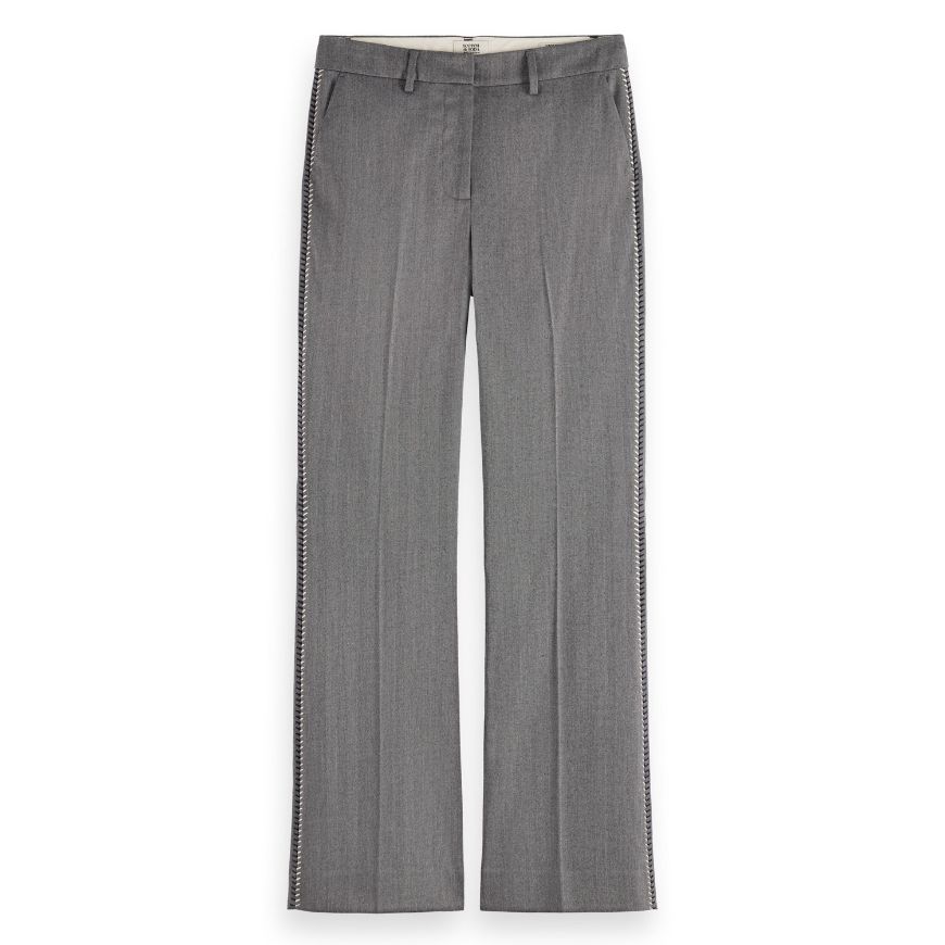 Снимка на SCOTCH&SODA WOMEN'S VIOLET HERRINGBONE HIGH RISE FLARE LEG IN MID GREY MELANGE PINSTRIPE