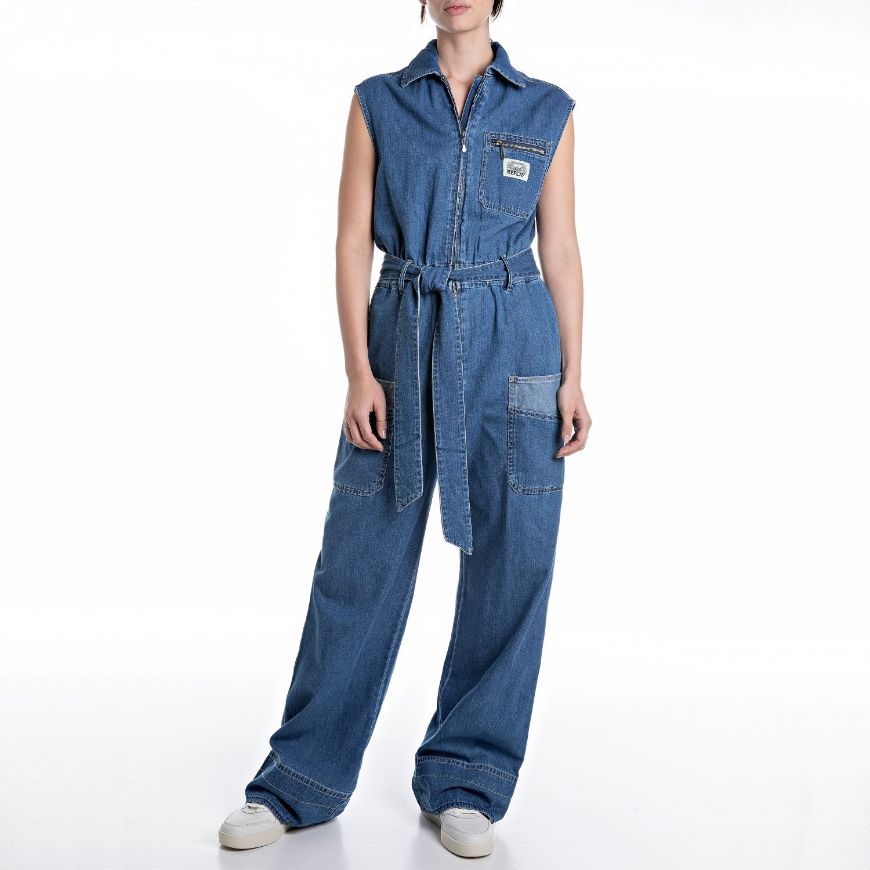 Снимка на REPLAY WOMEN'S WIDE-LEG DENIM JUMPSUIT IN 8 OZ COTTON TWILL DENIM