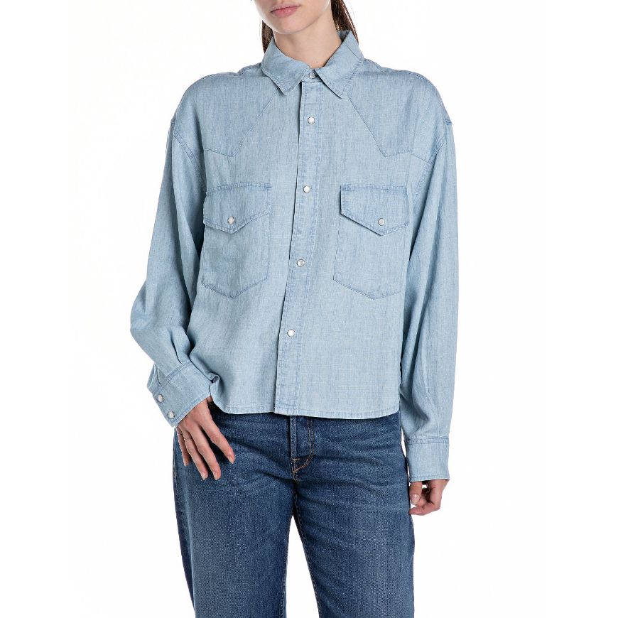 Снимка на REPLAY WOMEN'S OVERSIZED DENIM SHIRT IN LINEN AND TENCEL BLEND