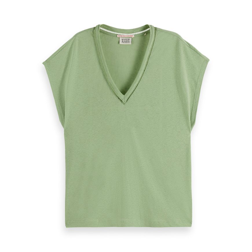 Снимка на SCOTCH&SODA WOMEN'S COTTON LINEN V-NECK T-SHIRT IN PISTACHIO