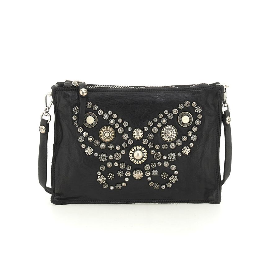 Снимка на CAMPOMAGGI WOMEN'S CROSSBODY BAG DIAMANTE IN BLACK LEATHER WITH STUDS