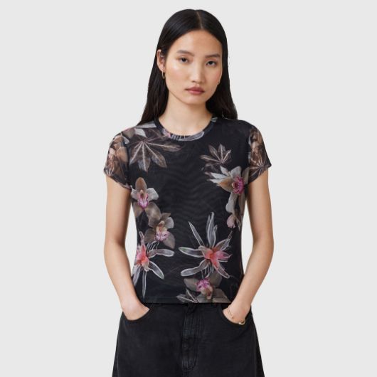 Picture of ALLSAINTS WOMEN'S ELLIE MESH T-SHIRT IN ADENA BLACK 1