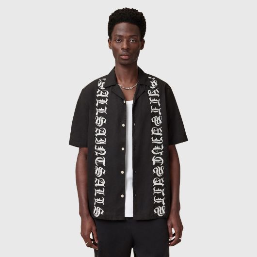 Picture of ALLSAINTS MEN'S SCRIPTURE SHORT SLEEVE SHIRT IN FADED BLACK 1