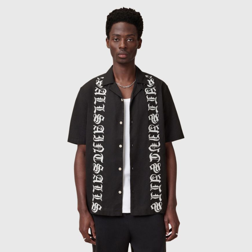 Picture of ALLSAINTS MEN'S SCRIPTURE SHORT SLEEVE SHIRT IN FADED BLACK
