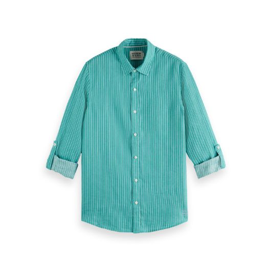 Снимка на SCOTCH&SODA MEN'S SEASONAL CORE - REGULAR FIT STRIPED LINEN SHIRT IN DARK GREEN
