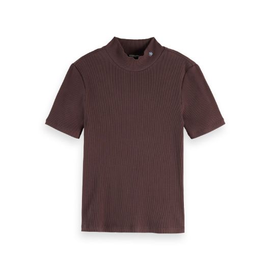 Снимка на SCOTCH&SODA WOMEN'S MOCK NECK RIB T-SHIRT IN CHOCOLATE PLUM
