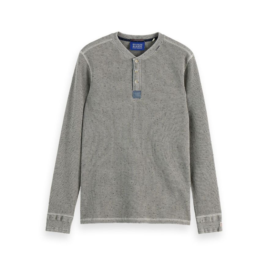 Снимка на SCOTCH&SODA MEN'S DENIM WASHED LONG SLEEVE HENLEY WITH CHAMBRAY DETAILS IN GREY