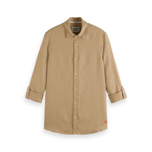 Show details for SCOTCH&SODA MEN'S SEASONAL CORE - REGULAR FIT LINEN SHIRT IN MEDIUM BEIGE 1 - FanPoint Picture of SCOTCH&SODA MEN'S SEASONAL CORE - REGULAR FIT LINEN SHIRT IN MEDIUM BEIGE 1