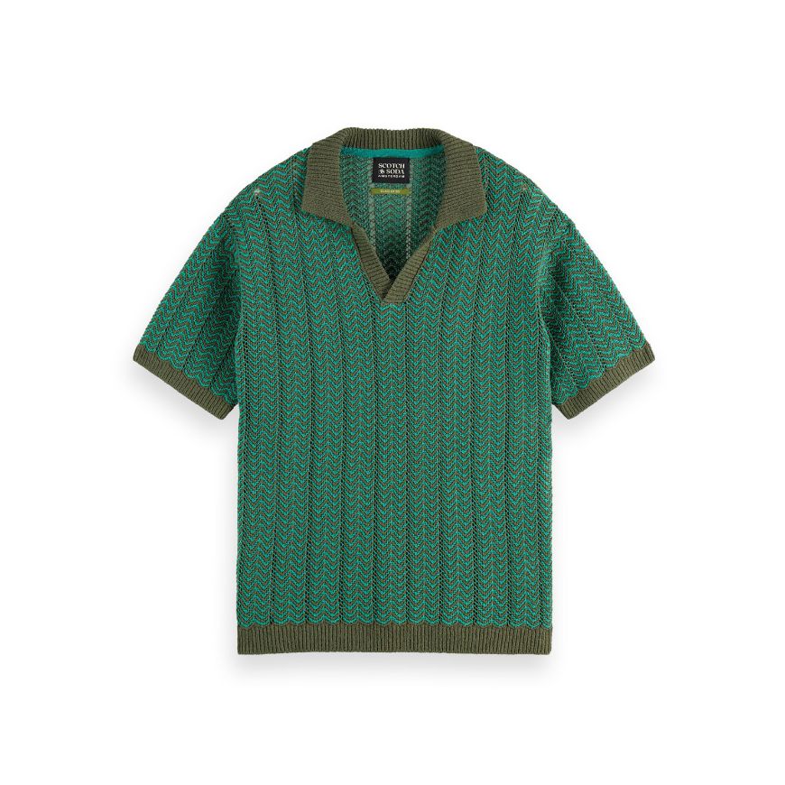 Снимка на SCOTCH&SODA MEN'S OPEN STRUCTURED KNITTED V-NECK POLO IN DARK GREEN