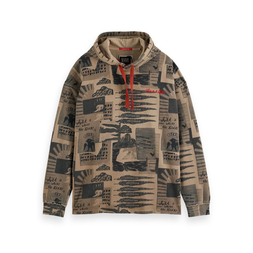 Picture of SCOTCH&SODA MEN'S LOOSE FIT OVERDYED ALL-OVER PRINTED HOODIE IN MEDIUM BEIGE