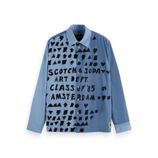 Show details for SCOTCH&SODA MEN'S RELAXED FIT LETTERS POPLIN SHIRT IN BLUE 1 - FanPoint Picture of SCOTCH&SODA MEN'S RELAXED FIT LETTERS POPLIN SHIRT IN BLUE 1
