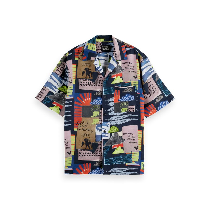 Picture of SCOTCH&SODA MEN'S RELAXED FIT TENCEL ALL-OVER PRINTED SHORT-SLEEVED SHIRT IN BLACK