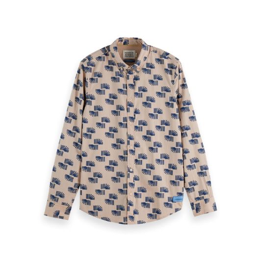 Show details for SCOTCH&SODA MEN'S SLIM FIT MICRO ALL-OVER PRINTED SHIRT IN MEDIUM BEIGE 1 - FanPoint Picture of SCOTCH&SODA MEN'S SLIM FIT MICRO ALL-OVER PRINTED SHIRT IN MEDIUM BEIGE 1