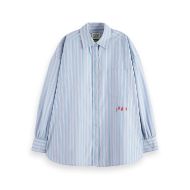 Снимка на SCOTCH&SODA WOMEN'S EMBROIDERED GIRLFRIEND SHIRT IN FADED DENIM LAVENDER STRIPE 1
