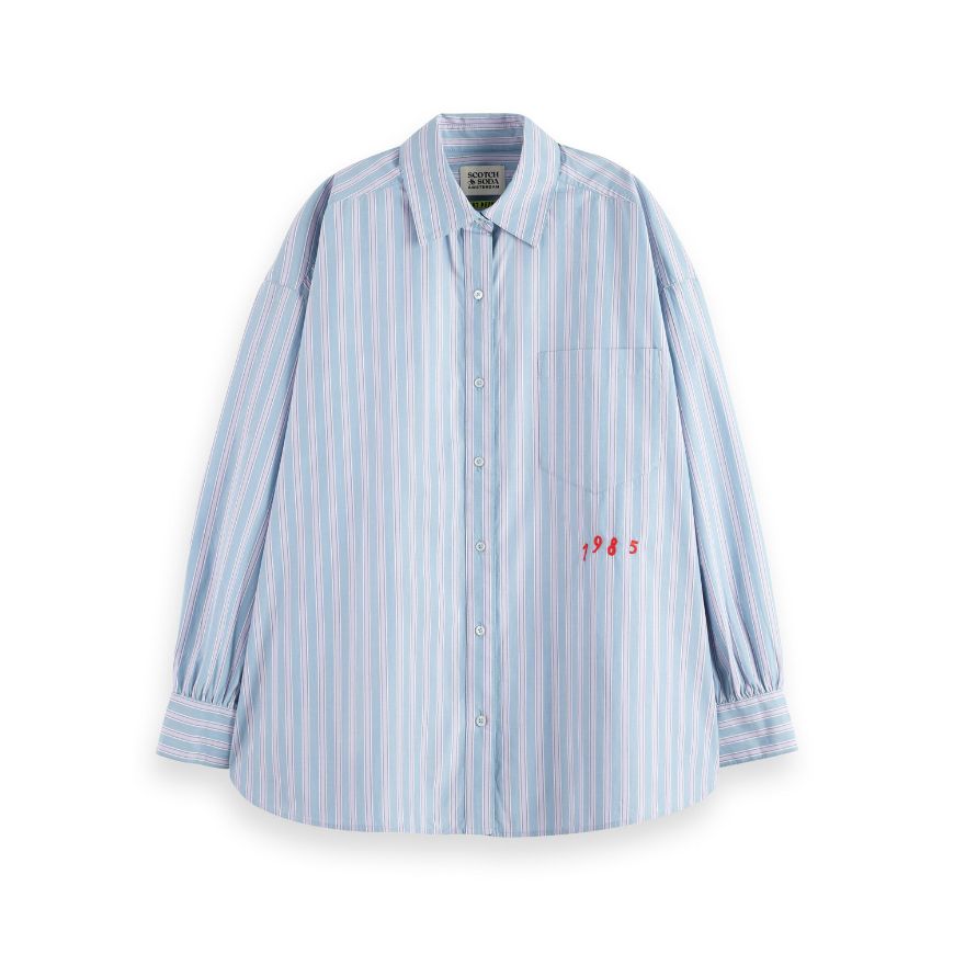 Снимка на SCOTCH&SODA WOMEN'S EMBROIDERED GIRLFRIEND SHIRT IN FADED DENIM LAVENDER STRIPE