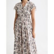 Снимка на SCOTCH&SODA WOMEN'S GATHERED MIDI DRESS WITH TIED DETAILS IN ART DEPT COLLAGE GREY SCALE 6
