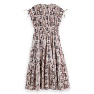 Снимка на SCOTCH&SODA WOMEN'S GATHERED MIDI DRESS WITH TIED DETAILS IN ART DEPT COLLAGE GREY SCALE 2