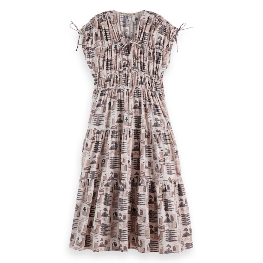 Снимка на SCOTCH&SODA WOMEN'S GATHERED MIDI DRESS WITH TIED DETAILS IN ART DEPT COLLAGE GREY SCALE