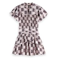 Picture of SCOTCH&SODA WOMEN'S RUFFLED MINI DRESS WITH GATHERED WAIST IN FEATHER BLOCK 1