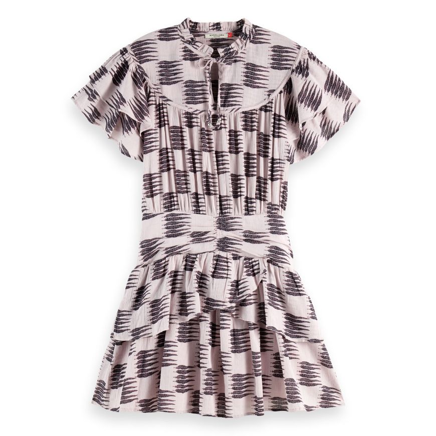 Picture of SCOTCH&SODA WOMEN'S RUFFLED MINI DRESS WITH GATHERED WAIST IN FEATHER BLOCK
