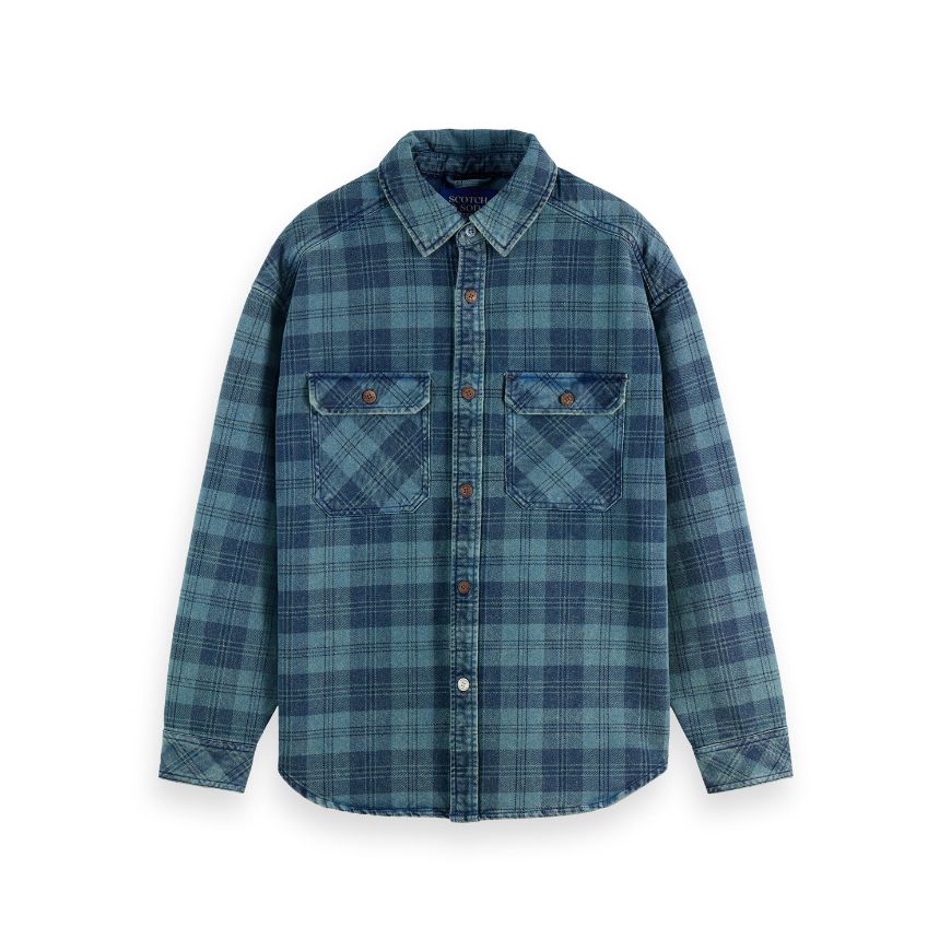 Picture of SCOTCH&SODA MEN'S WASHED DENIM CHECKED OVERSHIRT IN BLUE