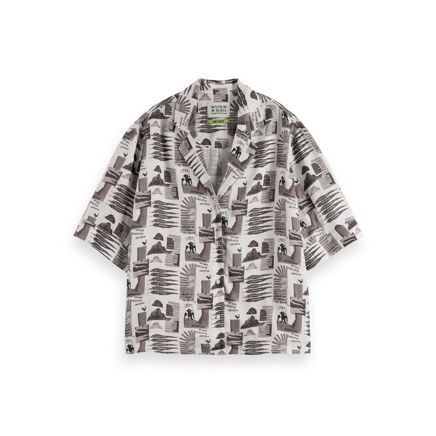 Снимка на SCOTCH&SODA WOMEN'S PRINTED SHORT SLEEVE FLUID SHIRT IN ART DEPT COLLAGE GREY SCALE