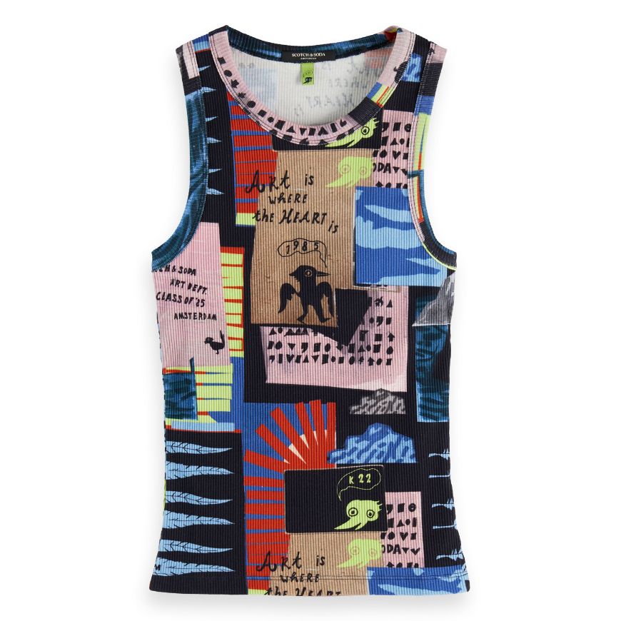 Снимка на SCOTCH&SODA WOMEN'S ALL OVER PRINTED RIB RACER TANK IN ART DEPT COLLAGE MULTICOLOUR