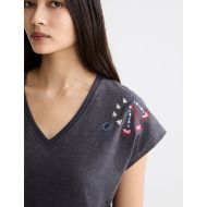 Снимка на SCOTCH&SODA WOMEN'S EMBROIDERED V-NECK T-SHIRT IN CHARCOAL ART 6