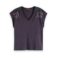 Снимка на SCOTCH&SODA WOMEN'S EMBROIDERED V-NECK T-SHIRT IN CHARCOAL ART 1