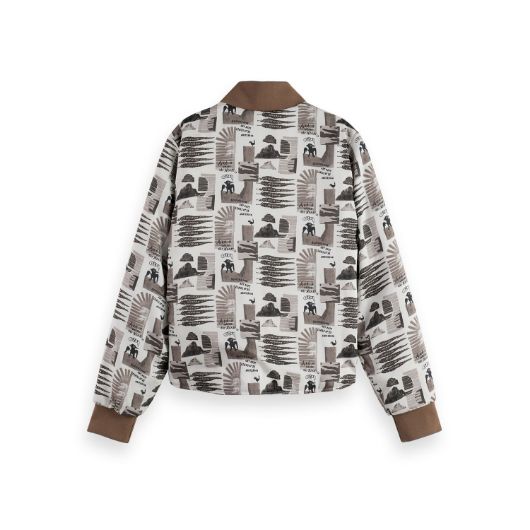 Показвай детайлите за SCOTCH&SODA WOMEN'S REVERSIBLE PRINTED AND QUILTED BOMBER IN ART DEPT COLLAGE GREY SCALE 2 - FanPoint Снимка на SCOTCH&SODA WOMEN'S REVERSIBLE PRINTED AND QUILTED BOMBER IN ART DEPT COLLAGE GREY SCALE 2