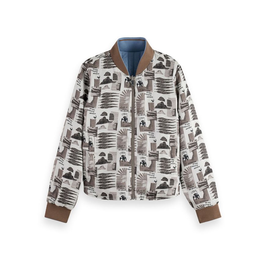 Снимка на SCOTCH&SODA WOMEN'S REVERSIBLE PRINTED AND QUILTED BOMBER IN ART DEPT COLLAGE GREY SCALE