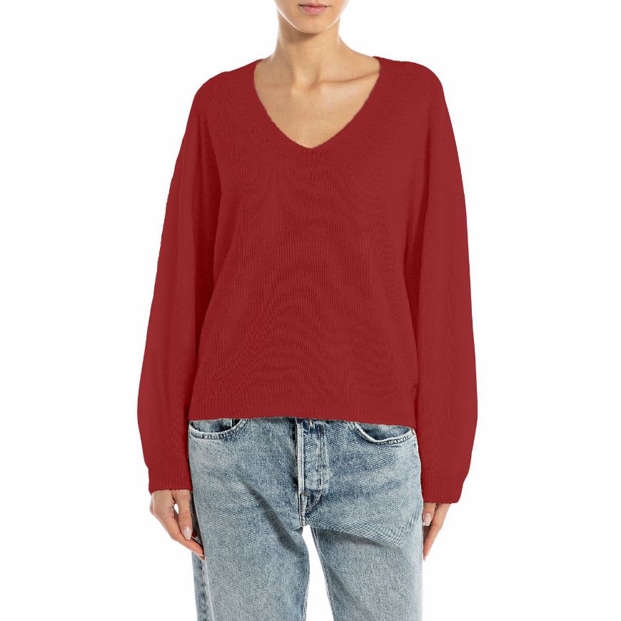 Picture of REPLAY WOMEN'S OVERSIZED V-NECK SEAMLESS JUMPER IN RED