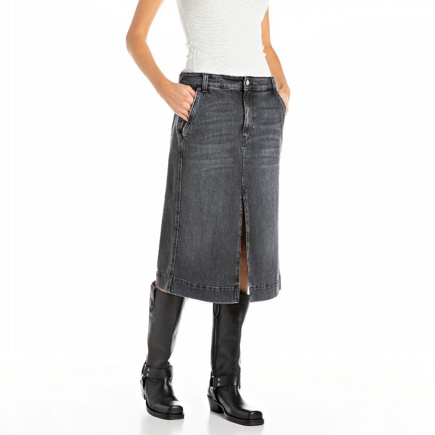 Снимка на REPLAY ДАМСКА MIDI ПОЛА ОТ ДЕНИМ 11 OZ BLACK OD COMFORT DENIM В ТЪМНОСИВО