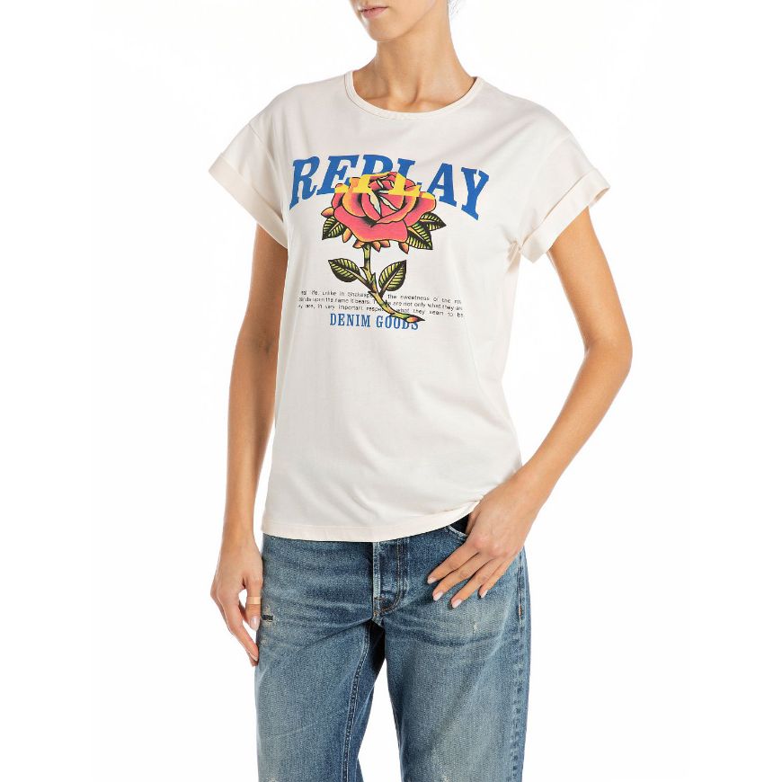 Picture of REPLAY WOMEN'S JERSEY T-SHIRT WITH REPLAY ROSE PRINT IN WINTER WHITE