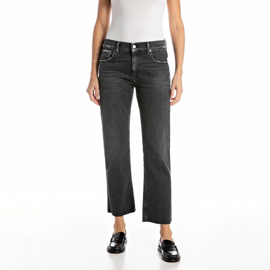 Picture of REPLAY WOMEN'S AKEME STRAIGHT-FIT JEANS 11 OZ WHITE WEFT BLACK DENIM IN DARK GREY