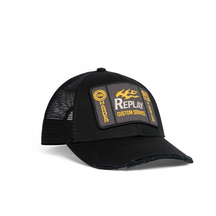 Picture of REPLAY MEN'S TWILL AND MESH CAP WITH MAXI PATCH IN WASHED BLACK