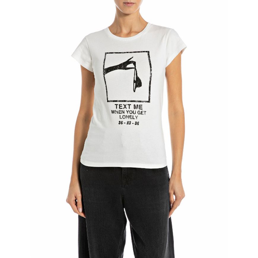 Picture of REPLAY WOMEN'S SKINNY-FIT T-SHIRT WITH PRINT IN NATURAL WHITE