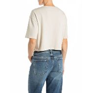 Picture of REPLAY WOMEN'S CROPPED OVERSIZED T-SHIRT WITH CHEST POCKET IN BROWN RICE 2