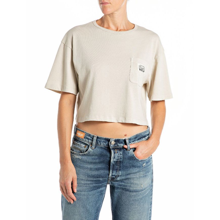 Picture of REPLAY WOMEN'S CROPPED OVERSIZED T-SHIRT WITH CHEST POCKET IN BROWN RICE