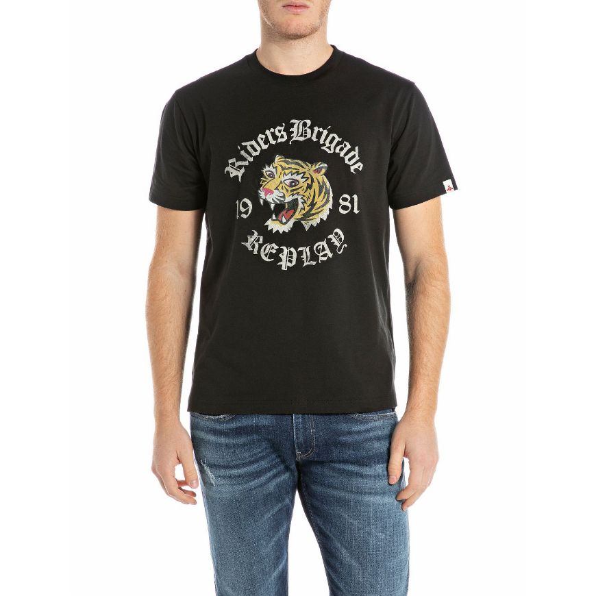 Picture of REPLAY MEN'S BASIC JERSEY T-SHIRT WITH CHEST PRINT IN BLACK